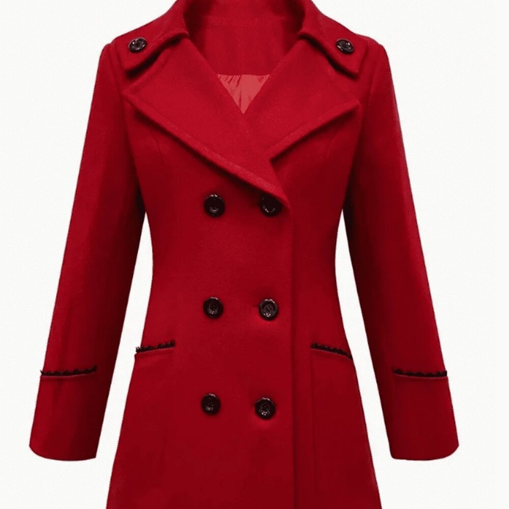 Red Elegant Women's Double-Breasted Lapel Coat - Picture 2 of 6